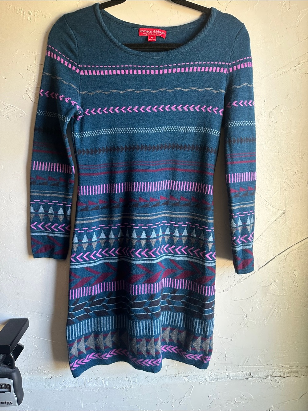 Nordic Après Ski Krimson Klover Merino Wool Geometric Sweater Dress XS